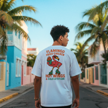 T-shirt oversize Flamingo Fried Chicken blanc porté en situation