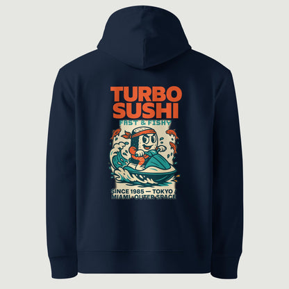 Hoodie Turbo Sushi bleu, vu de dos
