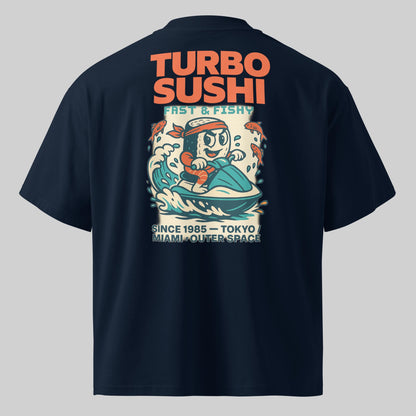 T-shirt oversize Turbo Sushi bleu, vu de dos